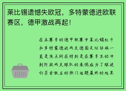 莱比锡遗憾失欧冠，多特蒙德进欧联赛区，德甲激战再起！
